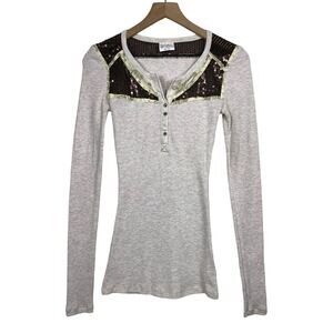 Free People Henley Thermal Top Beige Brown Sequin Lace Sz S Boho Y2K Waffle Knit
